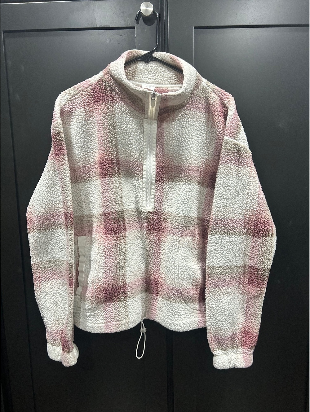 No Boundaries Women's Pink and White Plaid Sherpa Fleece Pullover Jacket XL